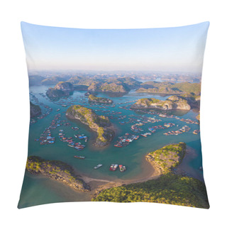 Personality  Aerial Sunset View Of Lan Ha Bay And Cat Ba Island, Vietnam, Unique Limestone Rock Islands And Karst Formation Peaks In The Sea, Floating Fishermen Villages And Fish Farms From Above. Clear Blue Sky. Pillow Covers