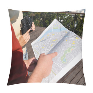 Personality  Cropped View Of Tourist Pointing At Map Near Girlfriend With Binoculars Outdoors  Pillow Covers