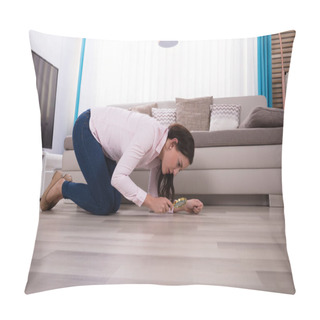 Personality  Side View Of A Young Woman Looking At Hardwood Floor Through Magnifying Glass Pillow Covers