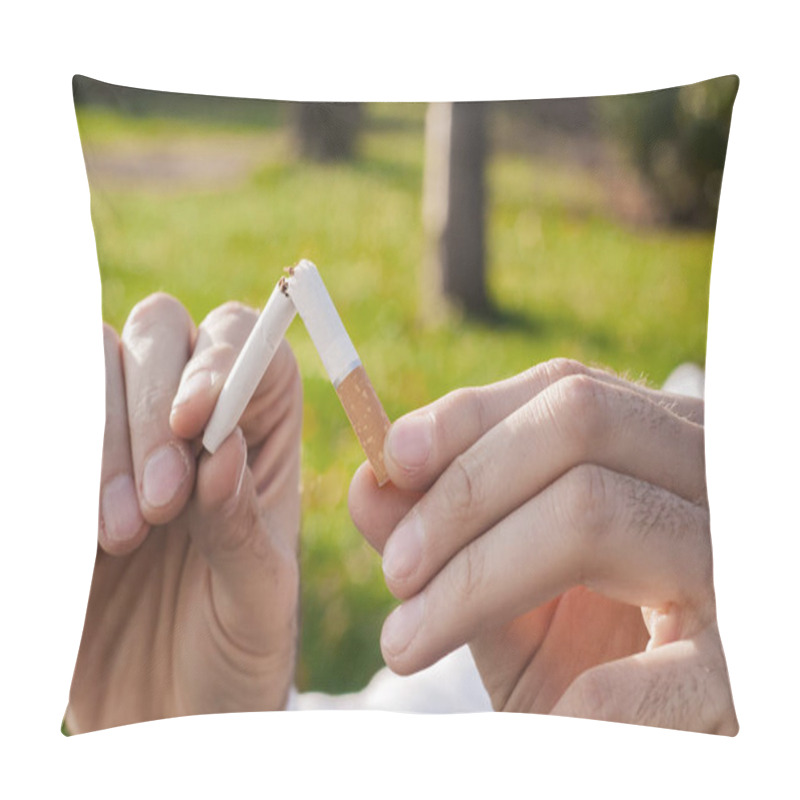 Personality  Gesture For Quit Smoking, Anti Smoking,  Male Hand Crushing Cigarette, Non Smoker. Man Has Decided To Stop Smoking. Pillow Covers