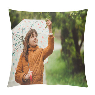 Personality  Happy Child Girl In Yellow Coat And Colorful Umbrella. Nature, Happiness. Cold Spring Rainy Day. Pillow Covers