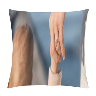 Personality  Cropped View Of Man Holding Hand Of Toddler Daughter Near Sea, Banner  Pillow Covers