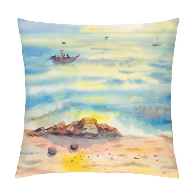 Personality  Watercolor seascape original painting colorful of fishing boat family with reflections on the water and emotion in yellow light and sky cloud bottom background. Painted Impressionist pillow covers