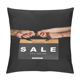 Personality  Partial View Of Woman And Man Holding Paper Shopping Bag With Sale Only One Day Illustration Isolated On Black, Black Friday Concept Pillow Covers