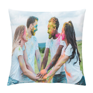 Personality  Happy Girls And Multicultural Men With Colorful Holi Paints On Faces Putting Hands Together  Pillow Covers