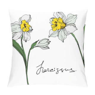 Personality  Vector Colorful Narcissus Flowers Illustration Isolated On White With Handwritten Inscription  Pillow Covers