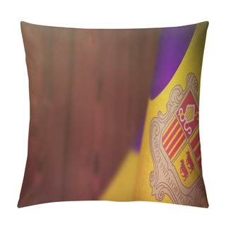 Personality  Andorra Flag For Honour Of Veterans Day Or Memorial Day. Glory To The Andorra Heroes Of War Concept On Red Blurred Natural Wood Wall Background. Pillow Covers