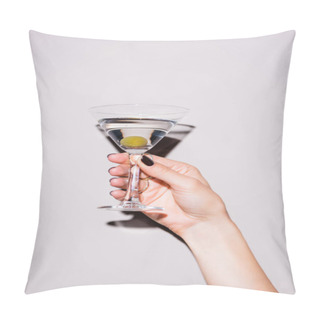 Personality  Cropped View Of Woman Holding Glass Of Martini With Olive On White Pillow Covers