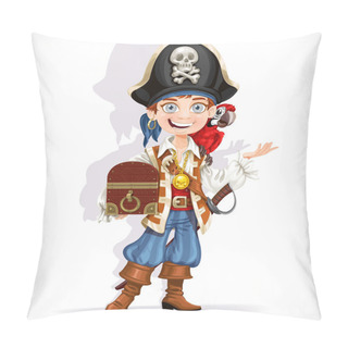 Personality  Cute Pirate Boy With Red Parrot Hold Treasure Chest Isolated On A White Background Pillow Covers