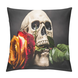 Personality  Close Up Of Flower In Teeth Of Creepy Skull On Black  Pillow Covers