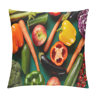 Personality  Top View Of Colorful Fresh Vegetables On Green Background Pillow Covers