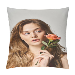Personality  Beauty Shot Of Pretty Curious Woman With Blue Eyes, Holding Peachy Rose Near Face On Grey Background Pillow Covers