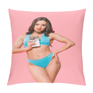 Personality  Sexy Girl In Swimsuit Standing With Hand In Hip And Holding Sweet Chocolate Bar Isolated On Pink  Pillow Covers