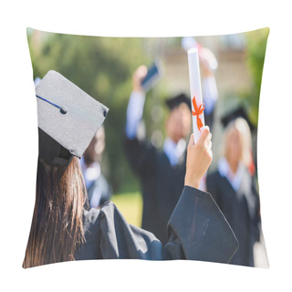 Personality  Rear View Of Graduated Student Girl With Diploma Greeting Classmates Pillow Covers