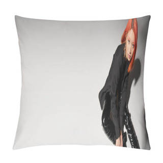Personality  High Angle Of Asian Woman In Sexy Latex Boots And Blazer Sitting On Grey Backdrop, Banner Pillow Covers