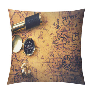 Personality  Vintage Compass And Telescope On Old World Map. Copy Space Pillow Covers