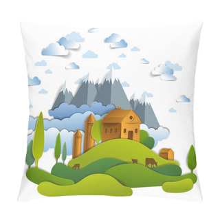 Personality  Farm In Scenic Landscape Of Fields And Trees, Mountains Peaks And Country Buildings, Clouds In Sky, Cow Milk Ranch, Countryside Lazy Summer Time Vector Illustration In Paper Cut Style.     Pillow Covers