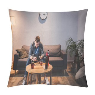 Personality  Addicted Man Holding Empty Wallet Near Bottles Of Alcohol Drinks On Table Pillow Covers