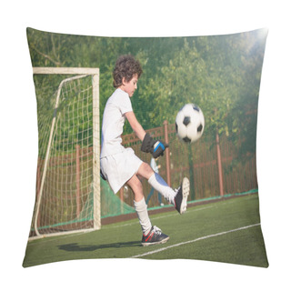 Personality  Boy In White Sportswear Running On Soccer Field. Young Footballer Dribble And Kick Football Ball In Game. Training, Active Lifestyle, Sport, Child Activity Concept. Selective Focus Pillow Covers