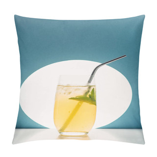Personality  Fresh Lemonade With Mint And Straw On Blue Background With Back Light Pillow Covers