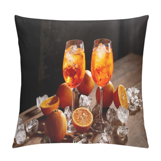 Personality  Aperol Spritz In Glasses, Oranges And Ice Cubes On Black Background  Pillow Covers