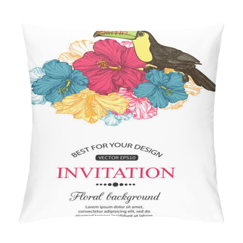 Personality  Vintage floral background with hand drawn hibiscuses and toucan. pillow covers