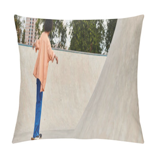 Personality  Young African American Woman With Curly Hair Skateboarding At A Bustling Skate Park, Showing Off Impressive Skills And Tricks. Pillow Covers