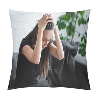 Personality  Frustrated Young Woman Suffering From Depression While Sitting On Couch And Holding Hands On Head Pillow Covers