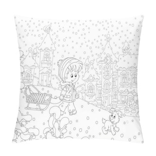 Personality  Little Boy Walking With His Small Cheerful Pup And A Sledge On A Snow-covered Playground With A Snow Slide In A Winter Park Of A Small Town On A Beautiful Snowy Day, Vector Cartoon Illustration Pillow Covers