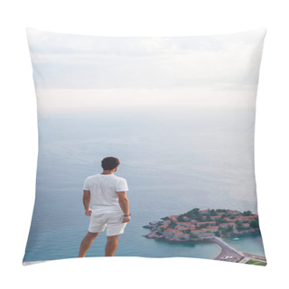 Personality  Back View Of Man Looking At Island Of Sveti Stefan With Hotel Resort In Adriatic Sea, Budva, Montenegro Pillow Covers