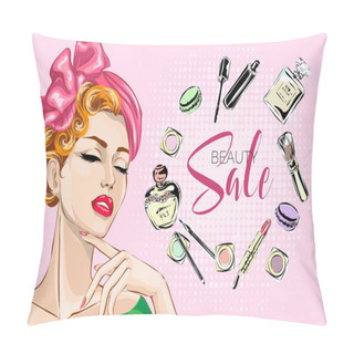 Personality  Beautiful Pin-up Style Sexy Woman With Close Eyes Dreaming About Beauty Products For Makeup. Beauty And Fashion Industry Advertising Banner Vector Illustration Pillow Covers