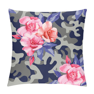 Personality  Camo Military In Blue Gray Color With Pink Roses Pillow Covers