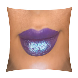 Personality  Cropped View Of Woman With Shiny Lip Gloss On Purple Lips  Pillow Covers