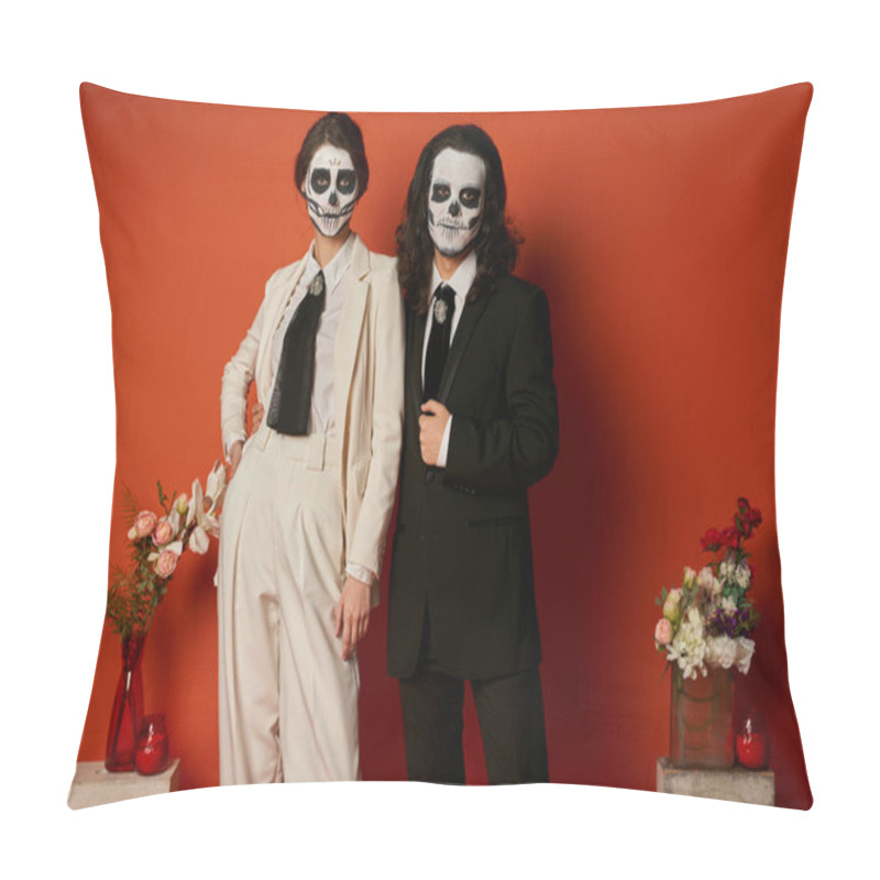 Personality  elegant couple in skull makeup and suits near altar with flowers on red, near dia de los muertos pillow covers