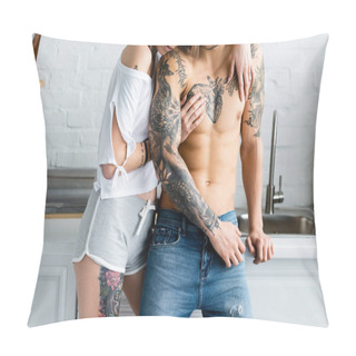 Personality  Cropped View Of Woman Embracing Muscular Tattooed Boyfriend In Kitchen  Pillow Covers