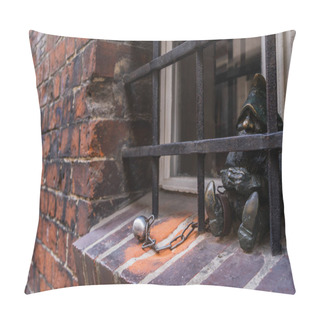 Personality  WROCLAW, POLAND - APRIL 18, 2022: Gnome Statue On Windowsill On Street  Pillow Covers