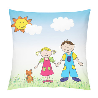 Personality  The Children, A Boy And A Girl With A Cat On The Meadow Pillow Covers