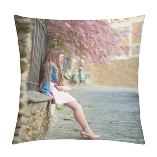 Personality  Beautiful Woman In Pink Dress On A Parisian Street Pillow Covers