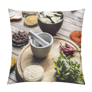 Personality  Pestle And Mortar With Basil And Chili Peppers Pillow Covers