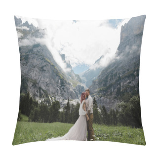 Personality  Happy Bride In Wedding Dress And Groom On Green Mountain Meadow With Clouds In Alps Pillow Covers