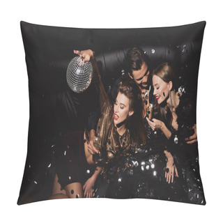Personality  Top View Of Attractive And Smiling Women With Disco Ball And Handsome Man With Champagne Glass Isolated On Black  Pillow Covers