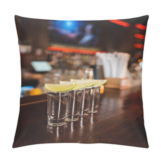 Personality  Tequila Shots With Fresh Lime On Wooden Bar Stand  Pillow Covers