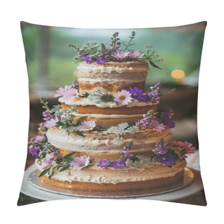 Personality  A Rustic Naked Cake Topped With Buttercream, Fresh Flowers, And Greenery, Showcased At An Eco Friendly Outdoor Wedding Venue. Pillow Covers
