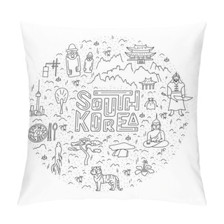 Personality  Linear Circle Map Of South Korea With Lettering And Basic Symbols Of The Country. Vector. Pillow Covers