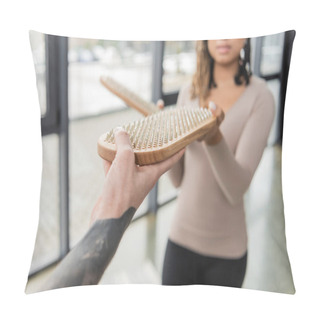 Personality  Cropped View Of Tattooed Man Giving Sadhu Board To African American Woman In Yoga Class  Pillow Covers