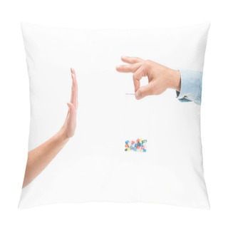 Personality  Cropped Image Of Woman Rejecting Unhealthy Pills Isolated On White Pillow Covers