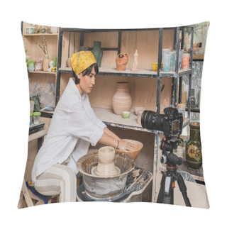 Personality  Asian Female Potter In Workwear And Headscarf Looking At Digital Camera And Working With Bowl With Water And Wet Clay On Pottery Wheel, Pottery Studio Workspace And Craft Concept Pillow Covers