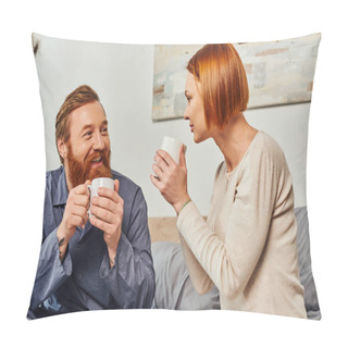 Personality  Morning Rituals, Quality Time, Day Off Without Kids, Redhead Husband And Wife, Bearded Man And Woman Holding Cups, Coffee And Conversation, Happy Parents Alone At Home, Lifestyle, Adult Leisure  Pillow Covers