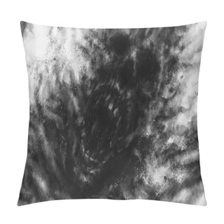 Personality  Scary Screaming Mummy Head Attacking. Terrible Illustration On Black And White Color Background. Horror Genre With Coal And Noise Effect. Freehand Digital Drawing Concept. Pillow Covers