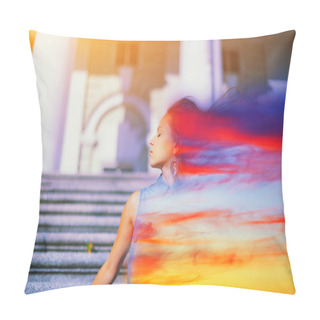 Personality  Double Exposure Abstract Art Portrait Of A Young Woman Head Profile With Closed Eyes Face, Long Hair On Wind And Sunset Clouds. Human Soul Energy, Mental Health, Power Spirit Life, Inner Peace Concept Pillow Covers